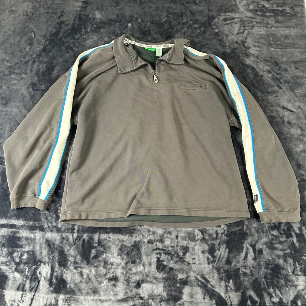 Prince Quarter Zip Pullover Mens L Gray Side Stripe Long Sleeve Sweatshirt‎